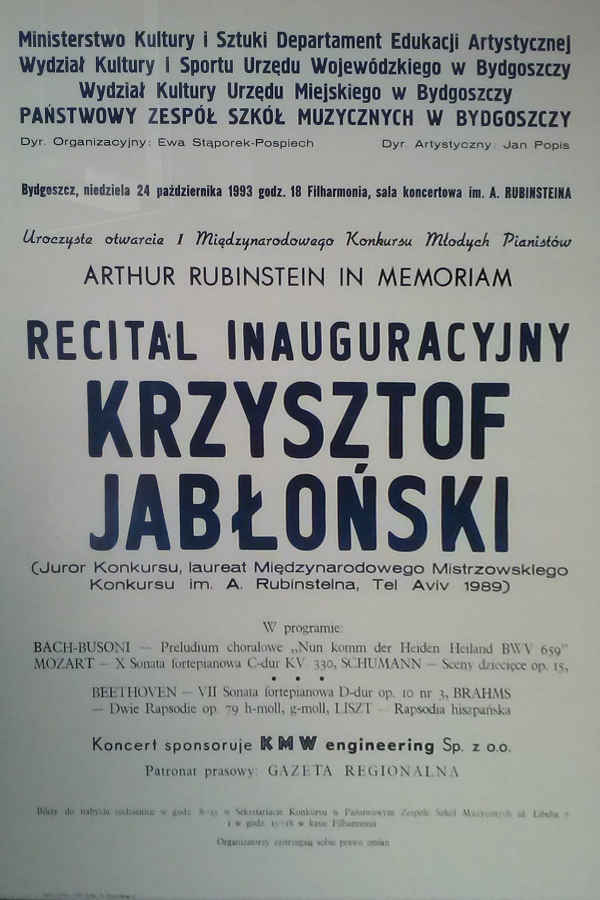 Plakat pierwszego konkursu pianistycznego w Bydgoszczy